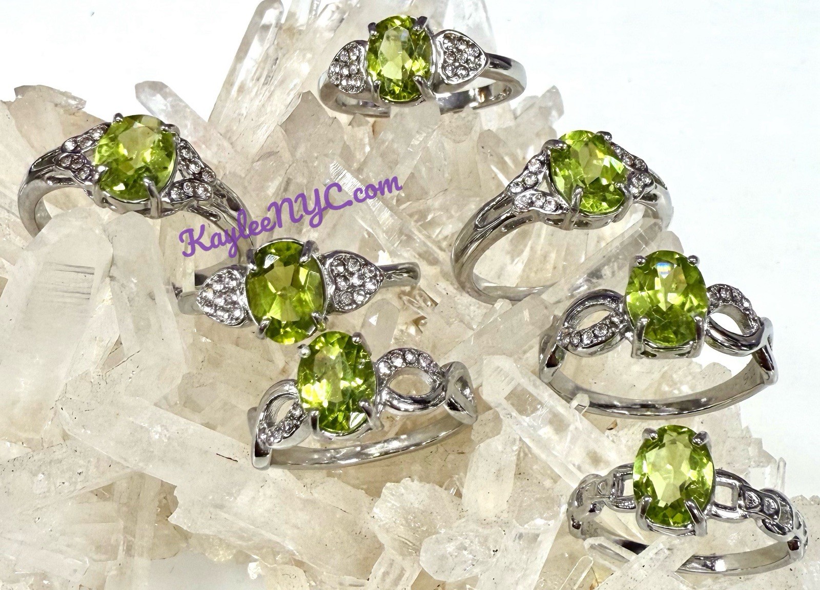 Wholesale 7 Pcs Natural Peridot Stainless Steel(316) Rings Crystal 5x7mm