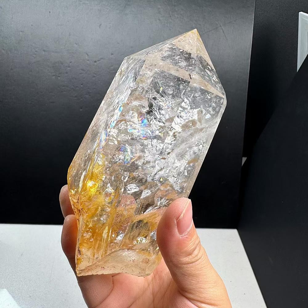 2.2LB Natural Rainbow White Quartz Obelisk Crystal Energy Tower Reiki +Stand