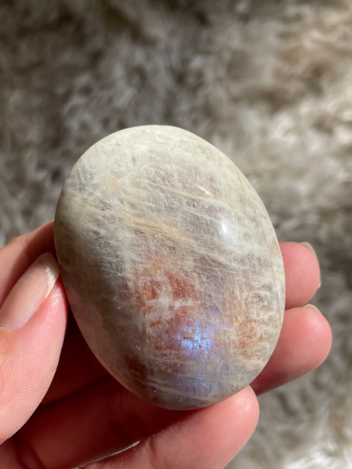 Rainbow Moonstone with Sunstone Palmstone, Medium – Light Flashes (MT)