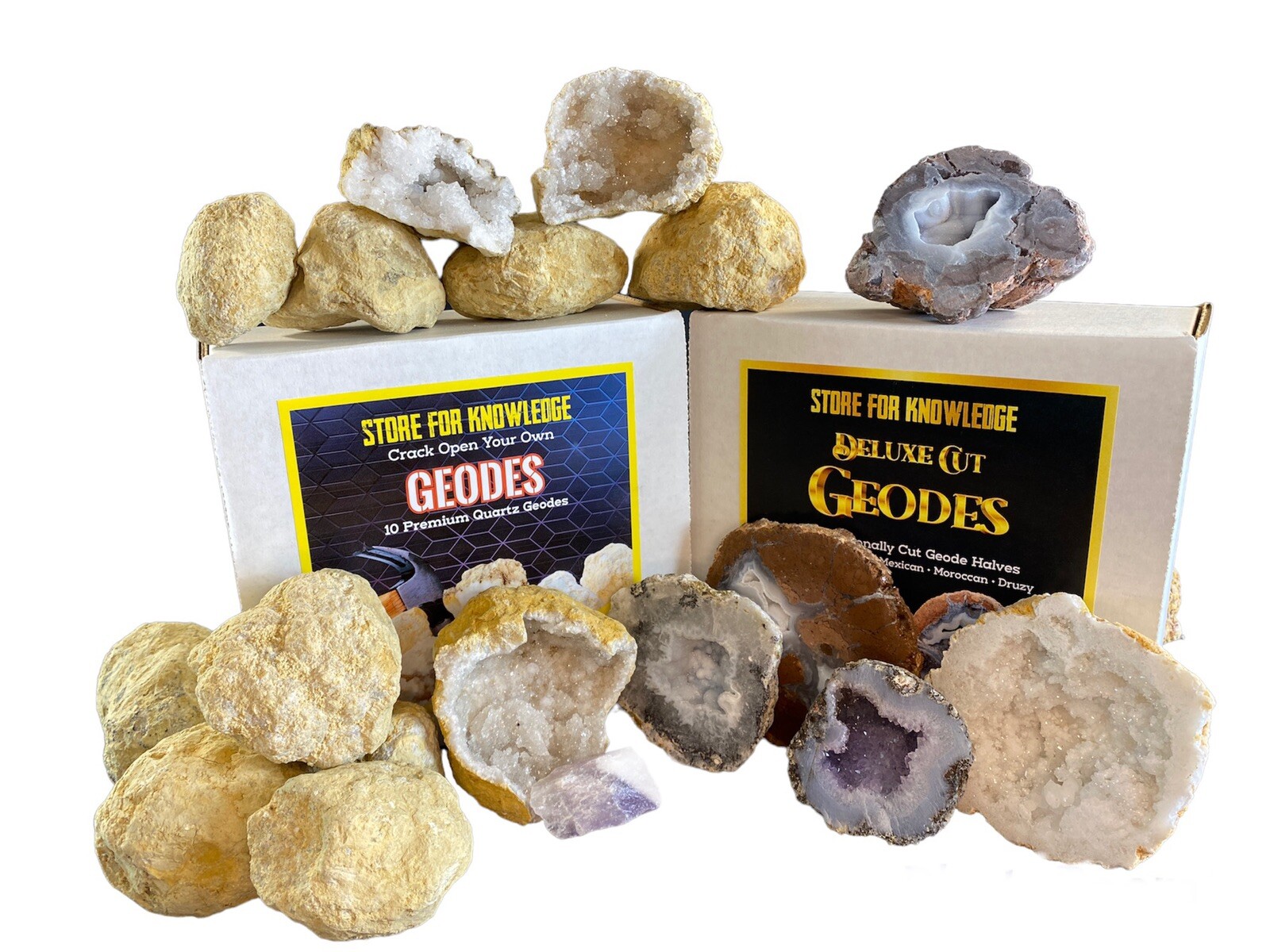 Deluxe Gift Pack – 10 Break Your Own Quartz Geodes Plus 5 Sliced Geode Halves