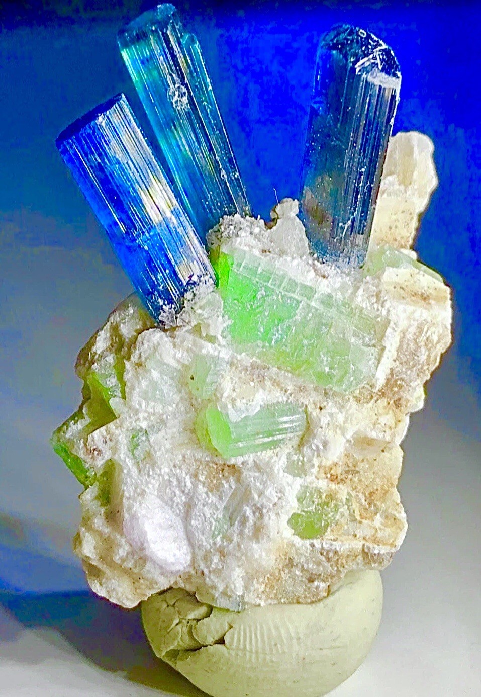 Neon Blue Green Tourmaline On Quartz Crystal Raw Rough Specimen Cluster Matrix