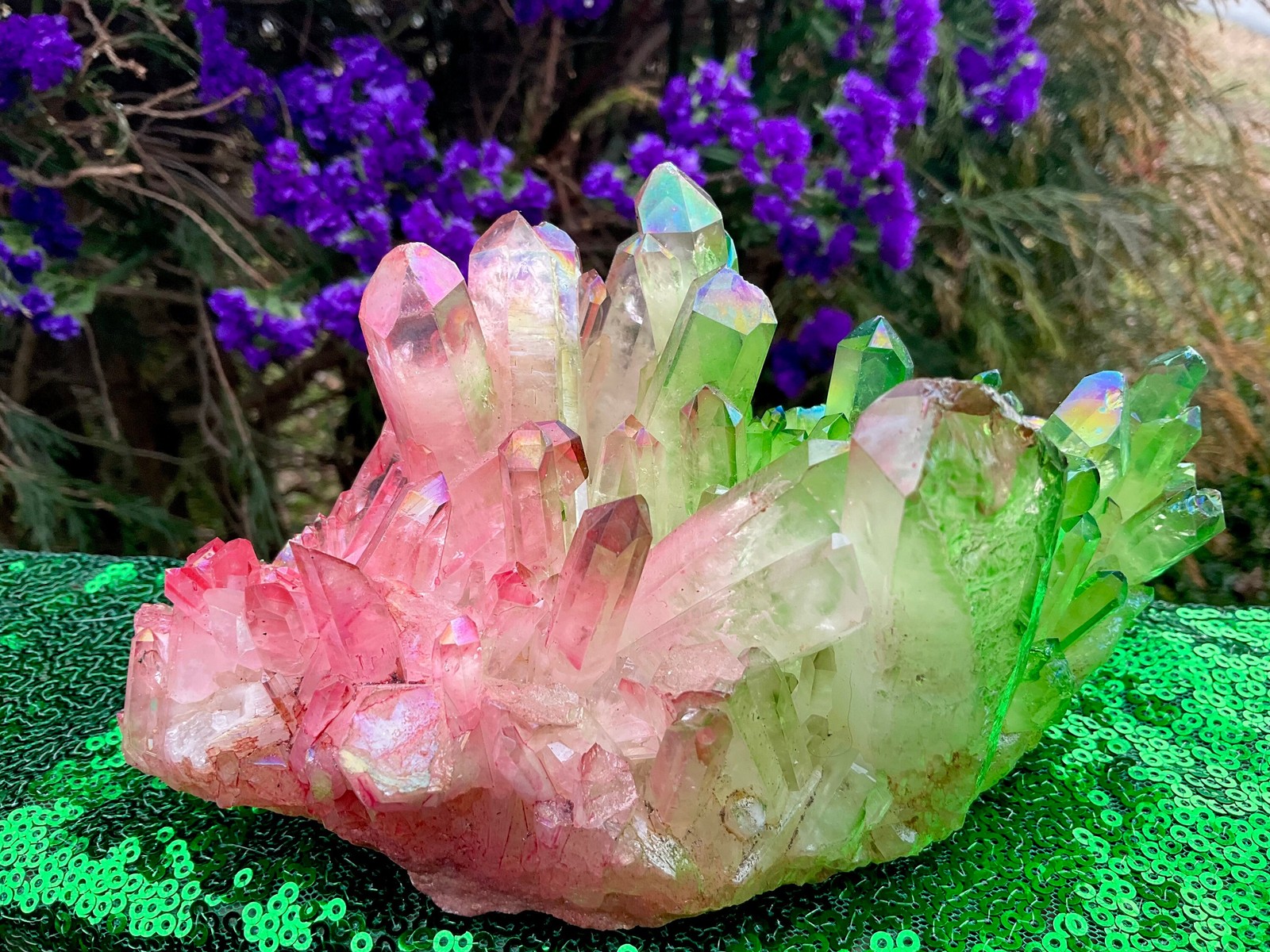 Pink & Green Aura Quartz Crystal Cluster ~ 1 Lb. 14 oz. ~ 6 1/2″ Long ~ Sparkli