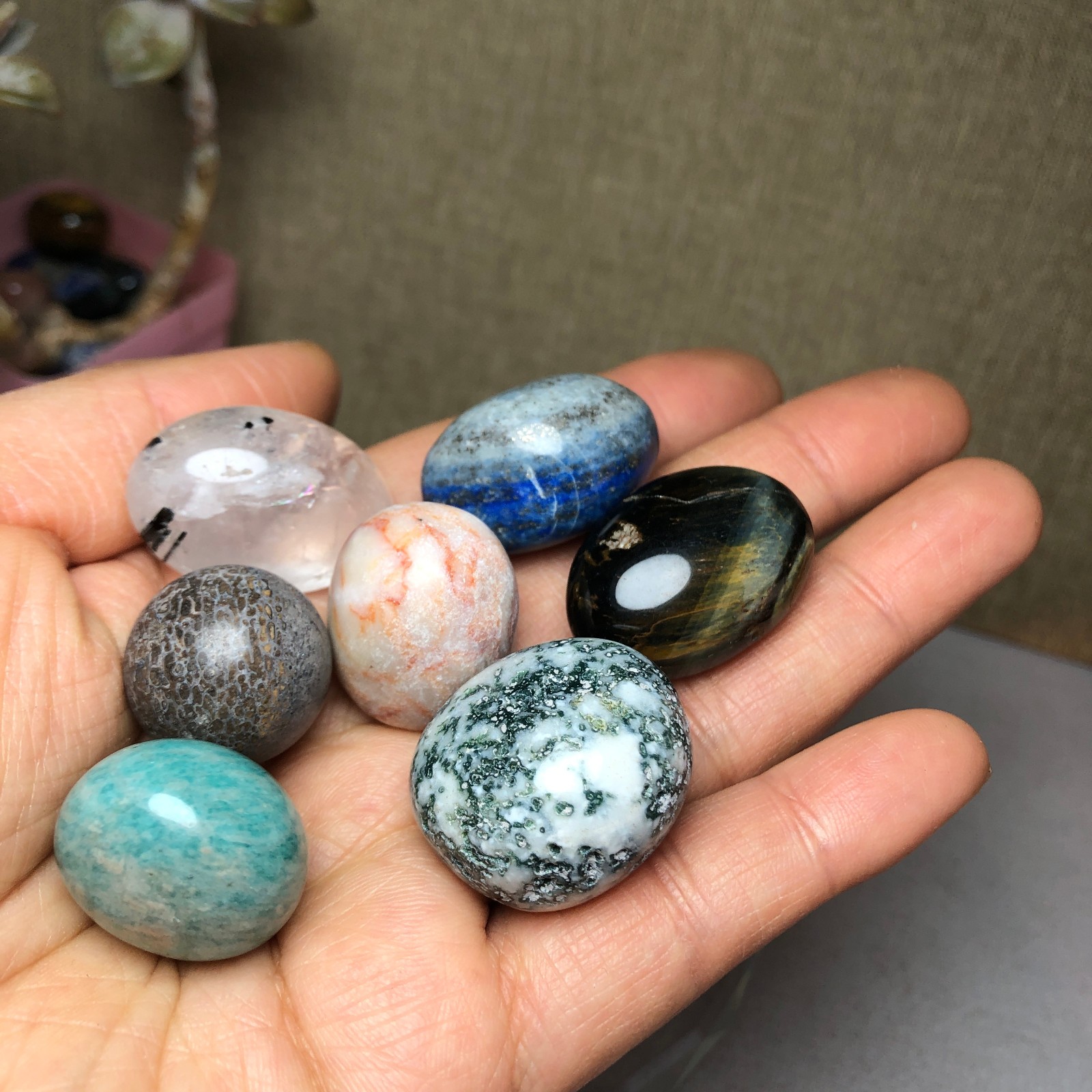 Natural various semi-precious stone Crystal Seven Star Array tumbled 322g A2815