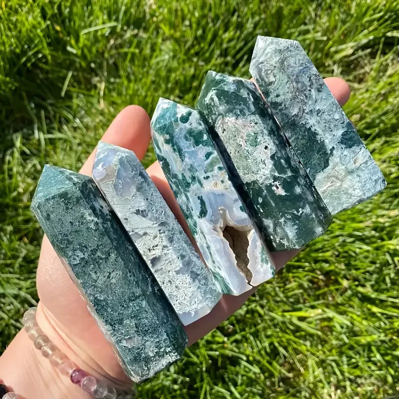 Moss Agate Crystal Tower Point Healing Crystal Obelisk Green Gemstone Tower Wand