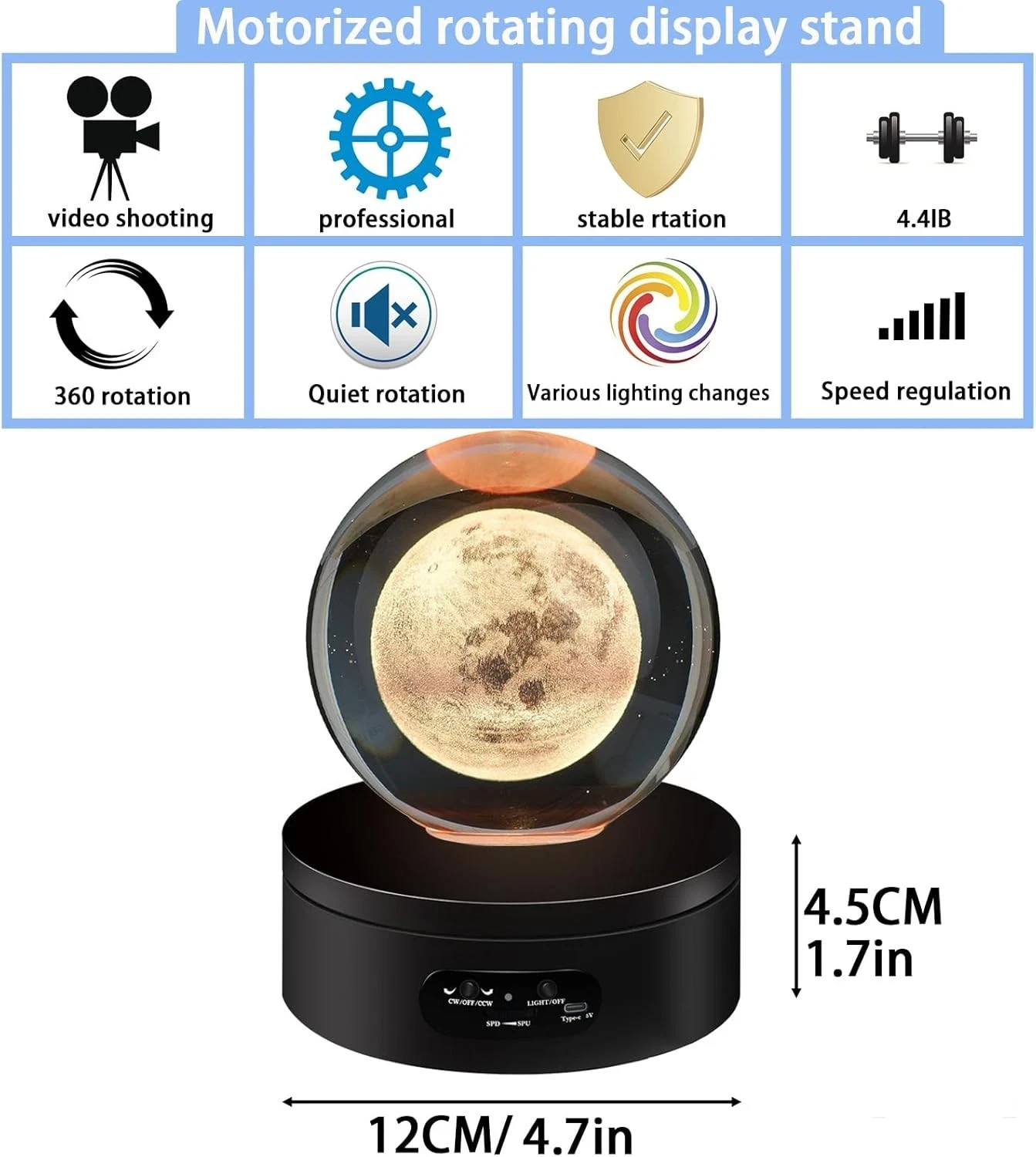 LED Rotating Display Stand 360° Lighted Base for Crystal Glass Art 4.72in