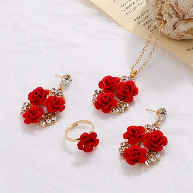 Women’s Fashion Jewelry Set Red Roses Flower Gold Earrings Ring Necklace Suit