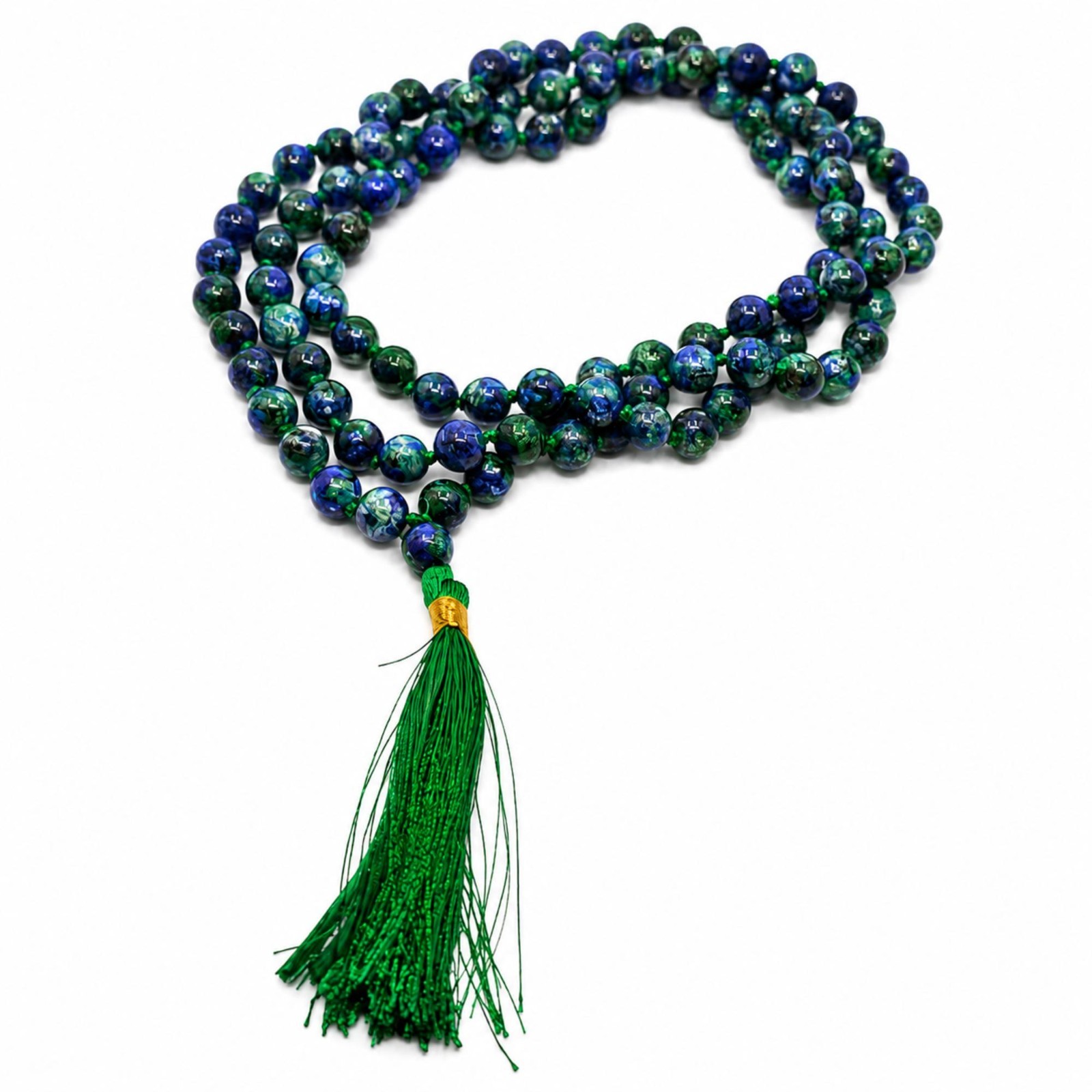Chrysocolla Bead Necklace 43 Inch Knotted 8mm Gemstone Strand Tassel & Bag