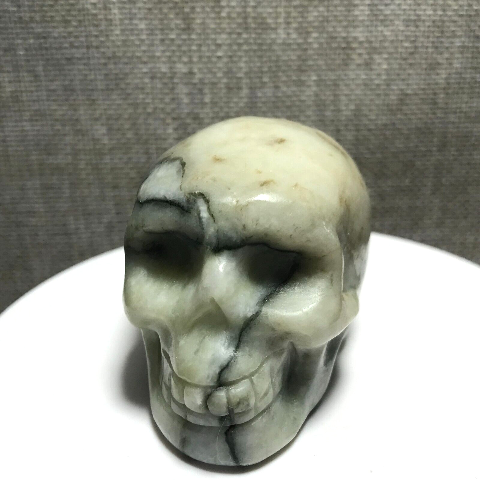 205g Natural Green Network Picasso Jasper Hand Carved Crystal Skull Realistic 10