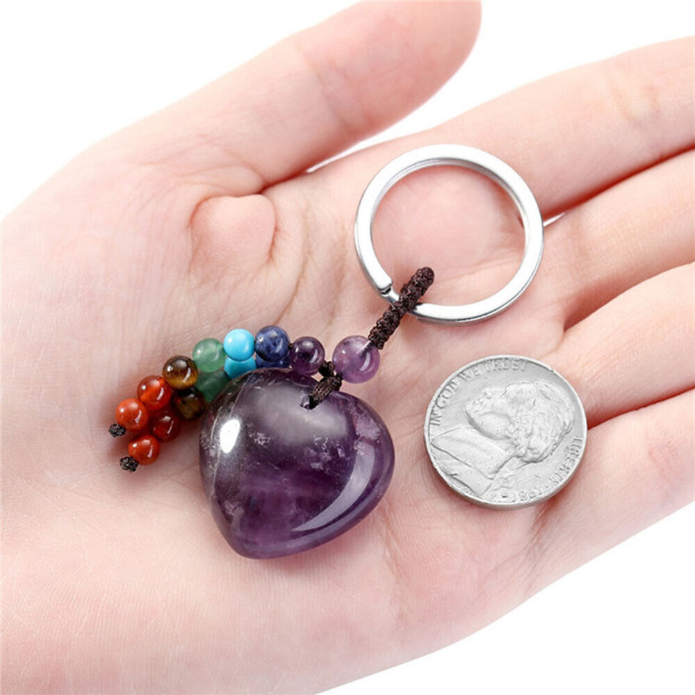 Gemstone Love Heart 7 Chakra Beads Tassel Healing Keychain Bag Charm Pendant USA