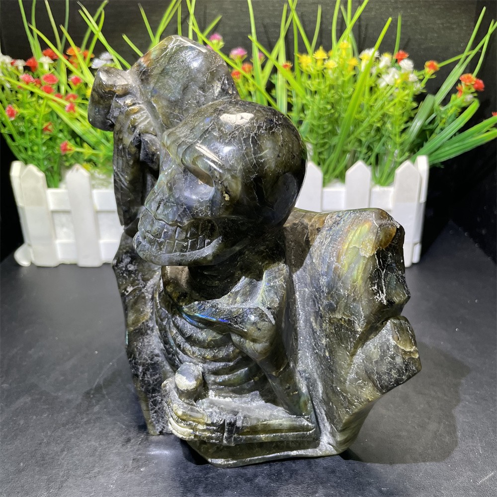 4.8LB 6.6″ Natural Labradoritee Skeleton Statue Crystal Reiki Carving Home Decor