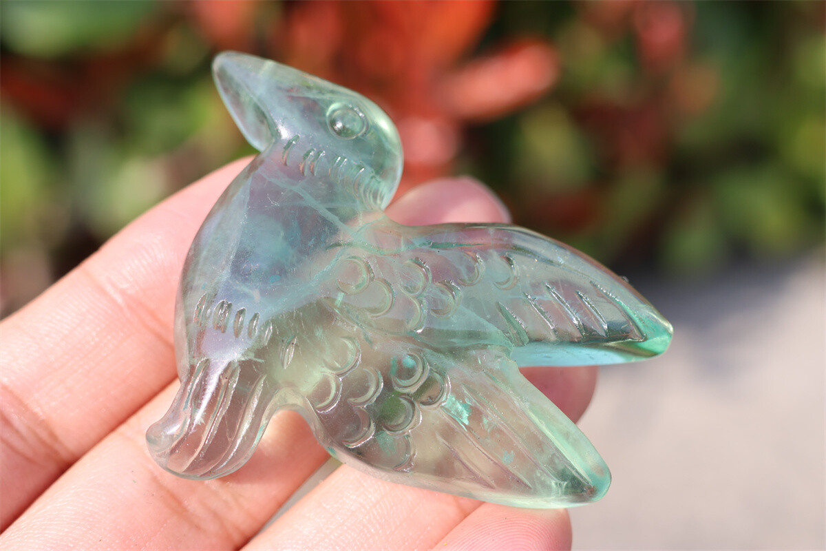 2.3” Carved Natural fluorite Hummingbird Crystal Skull decor reiki gift 1pc