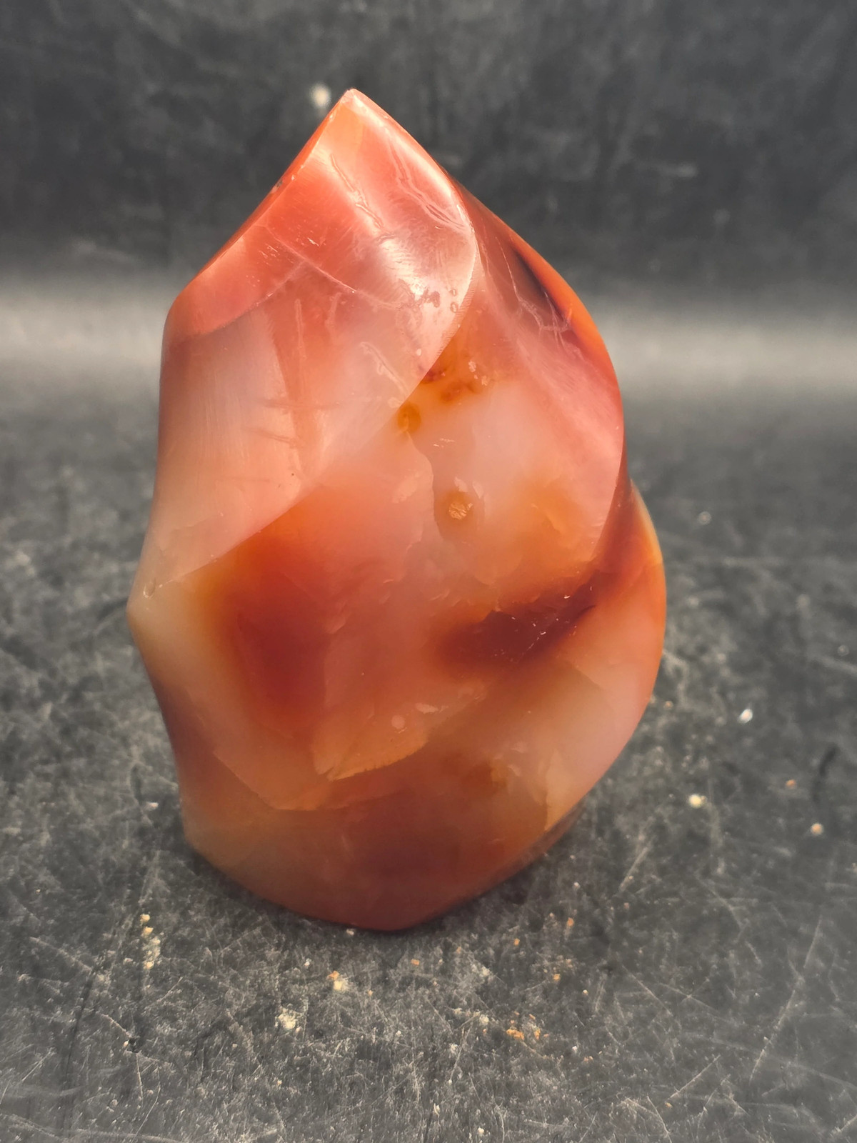 Carnelian agate flame tower! 10 ounces, 3.2 inches tall, 2.2″ wide!