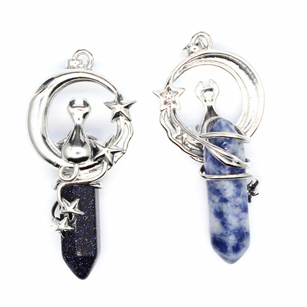 Women Silver Cat Alloy Hexagonal Pointed Gemstone Pendant for Making Jewelry