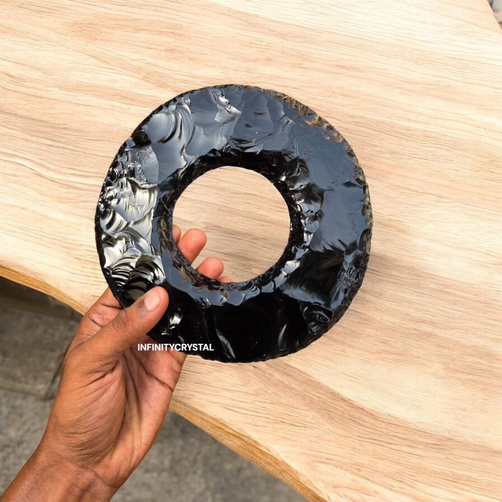6” Black Obsidian Donut with Wooden Stand – Volcanic Glass Sculpture, Healing