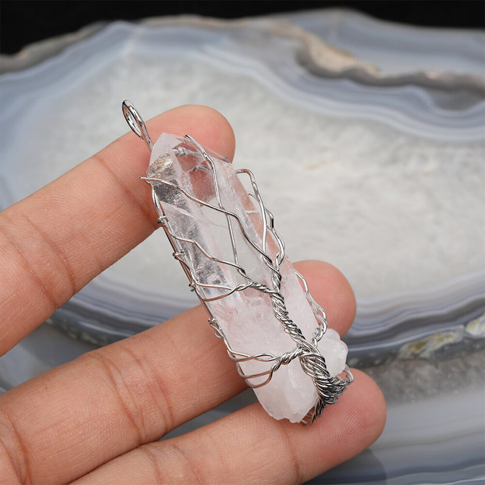 1pc Tree of Life Clear Quartz Point Necklace Pendant Wire Wrapped Copper Crystal