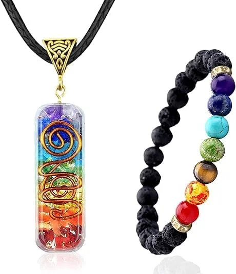 7 Chakra Necklace and Bracelet Set for women & men Orgone Healing Pendant with A