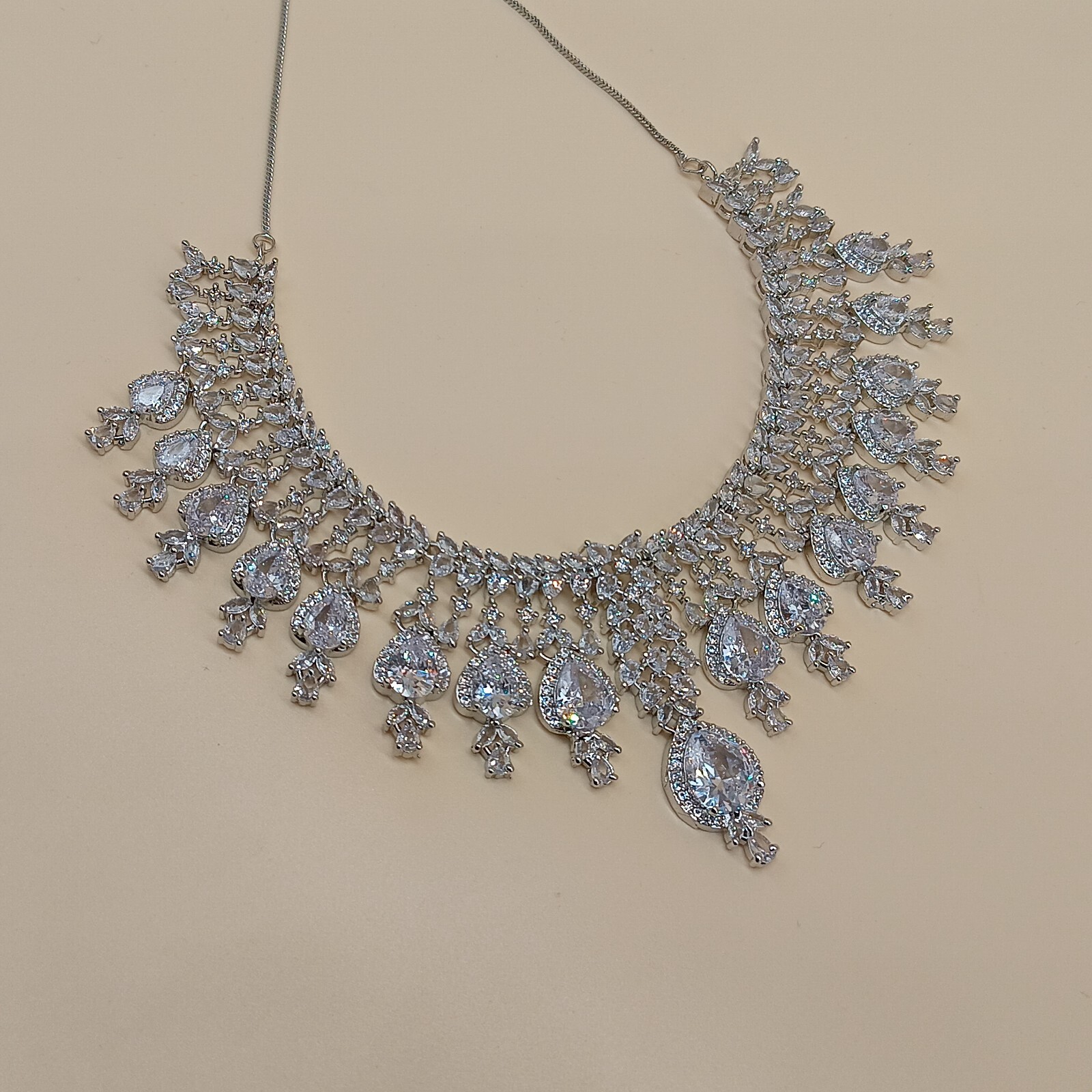 “Luxury Bridal Choker Necklace & Long Earrings Set | Silver Plated CZ Crystalset