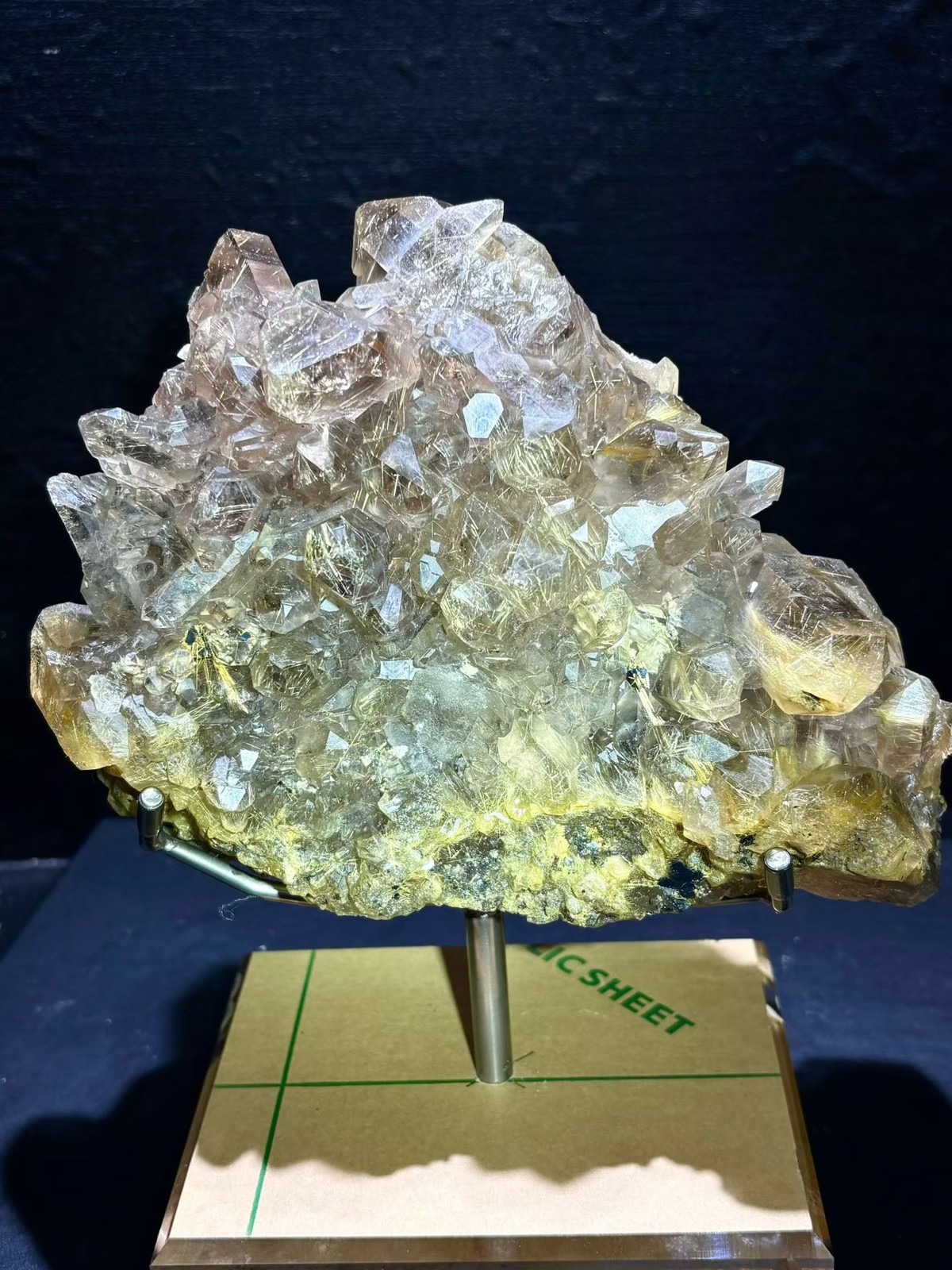 4.88LB Top！Natural Gold Rutilated Crystal Cluster Quartz Mineral Specimen+stand
