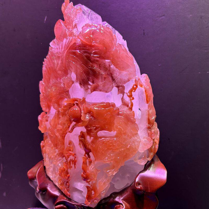 12LB Top Natural Red quartz crystal Dragon + Phoenix Carved Crystal skull Reiki
