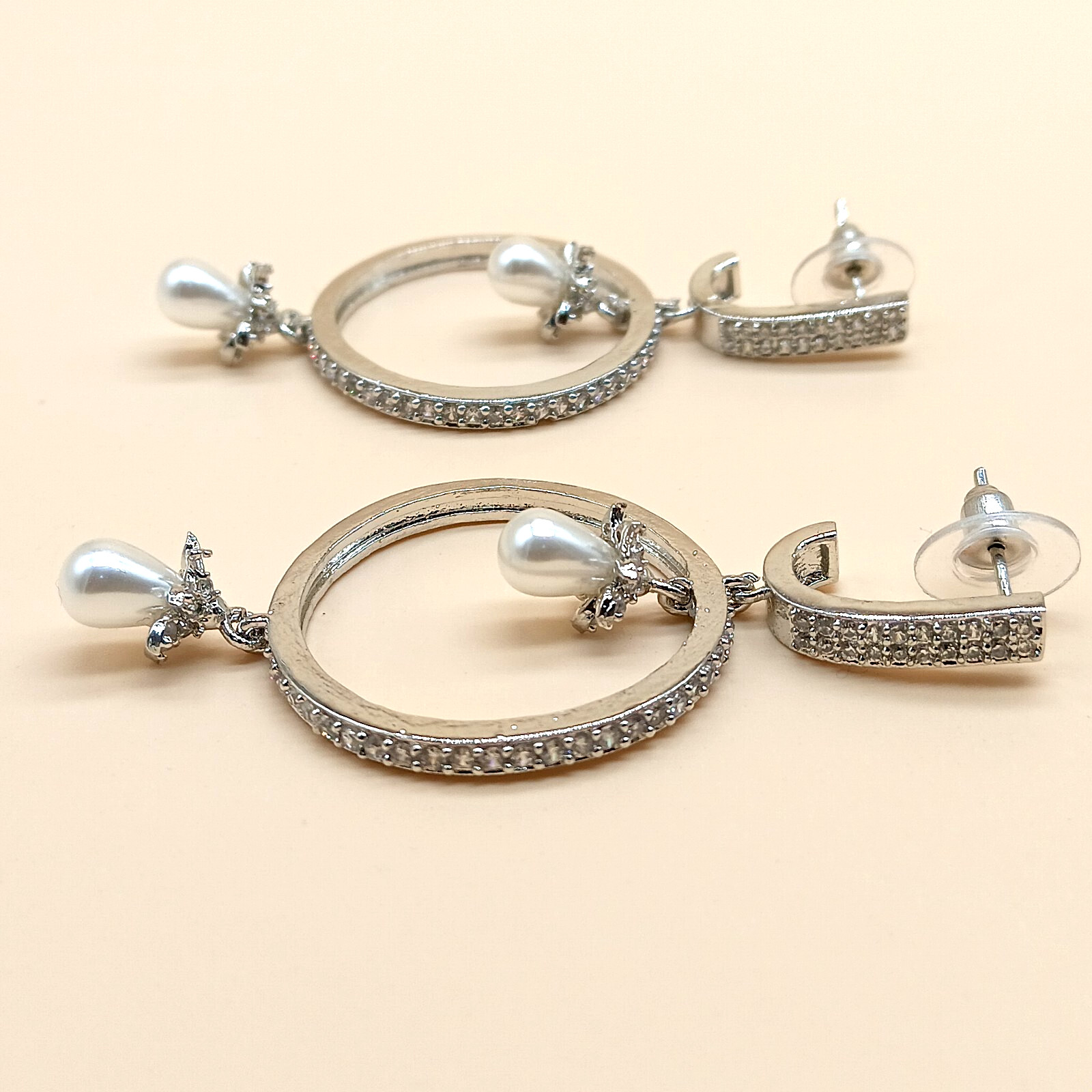 Silver Hoop Earrings with Pearl Drops and Crystal Accents
