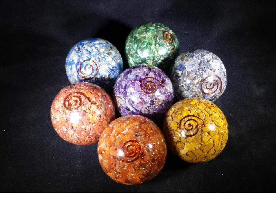 LARGE (60-70mm) 7 CHAKRA COMPLETE ORGONE GEMSTONE SPHERE SET ORGONITE SPHERE