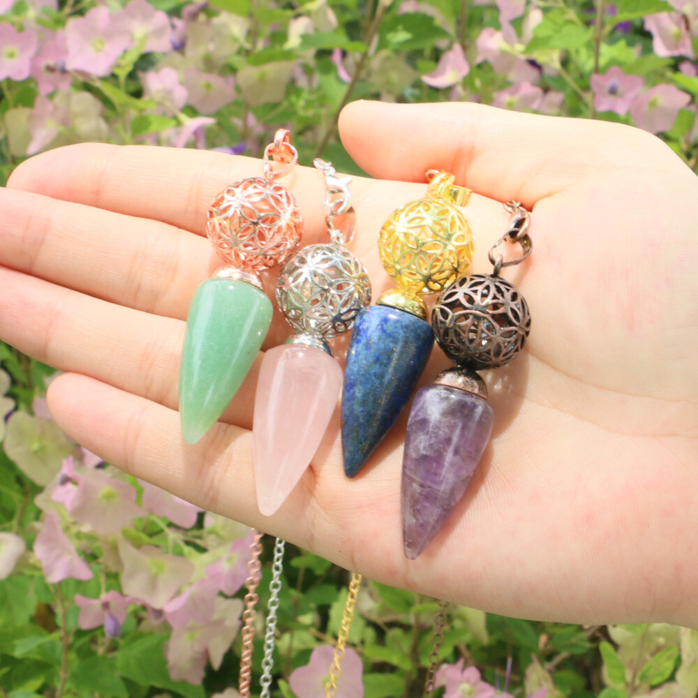 1pc Bullet Cone Crystal Chakra Chain Pendulum Quartz Stone Metal Dowsing Pendant