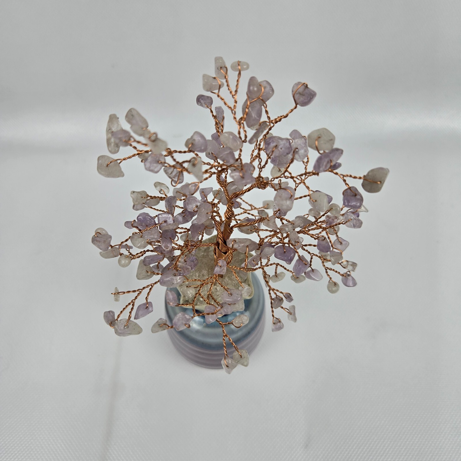 Rose Lavender Quartz Crystal Stone Tree Wire Branches Ceramic Pot Bottom 6.5”