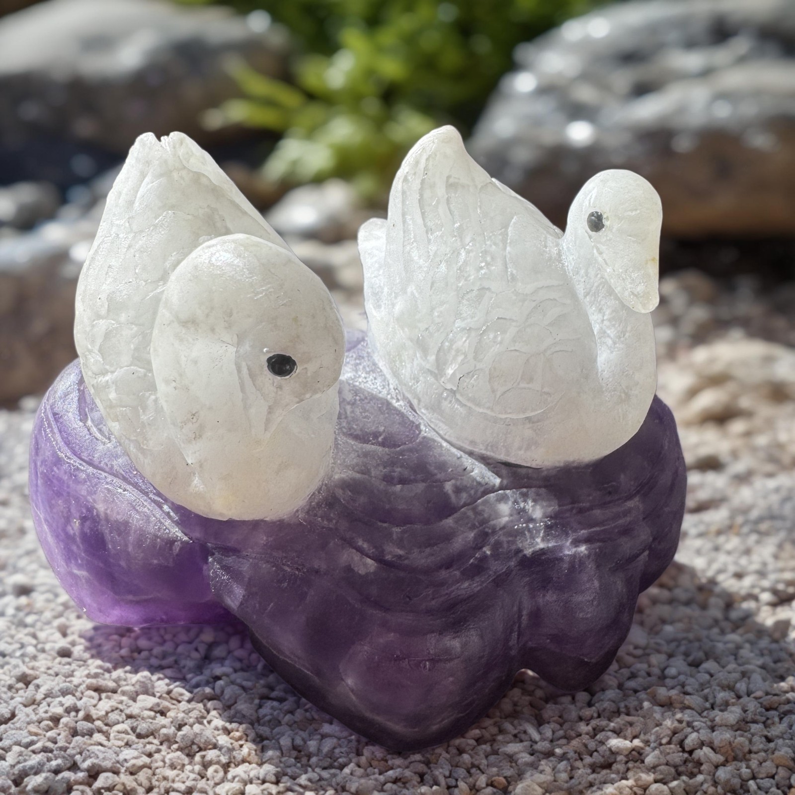 441gTwin Swan Amethyst Sculpture: Soulmate Talisman Carved from Peaceful Stone