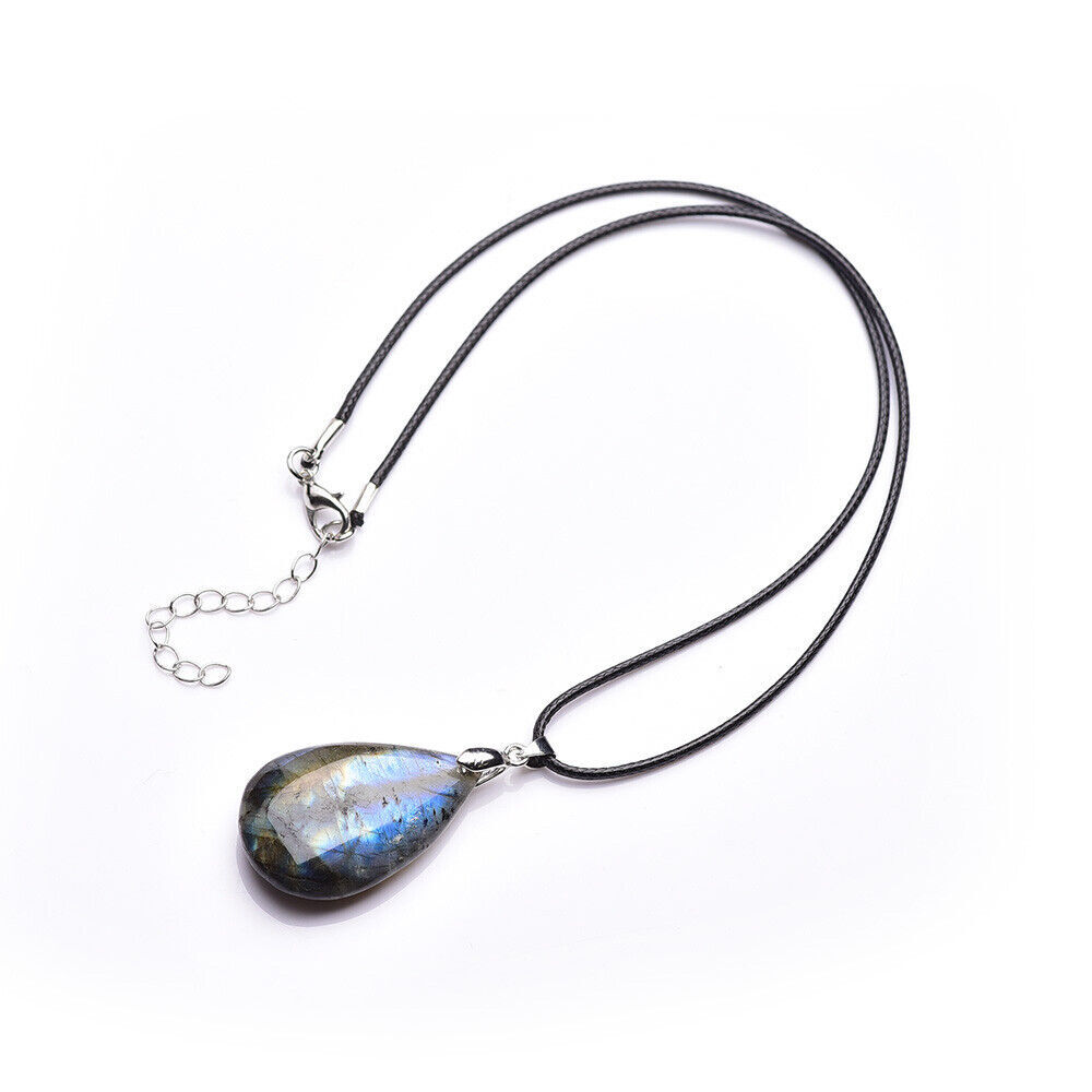 Natural Labradorite Oval Water Drop Necklace Crystal Pendant Stone Reiki Healing
