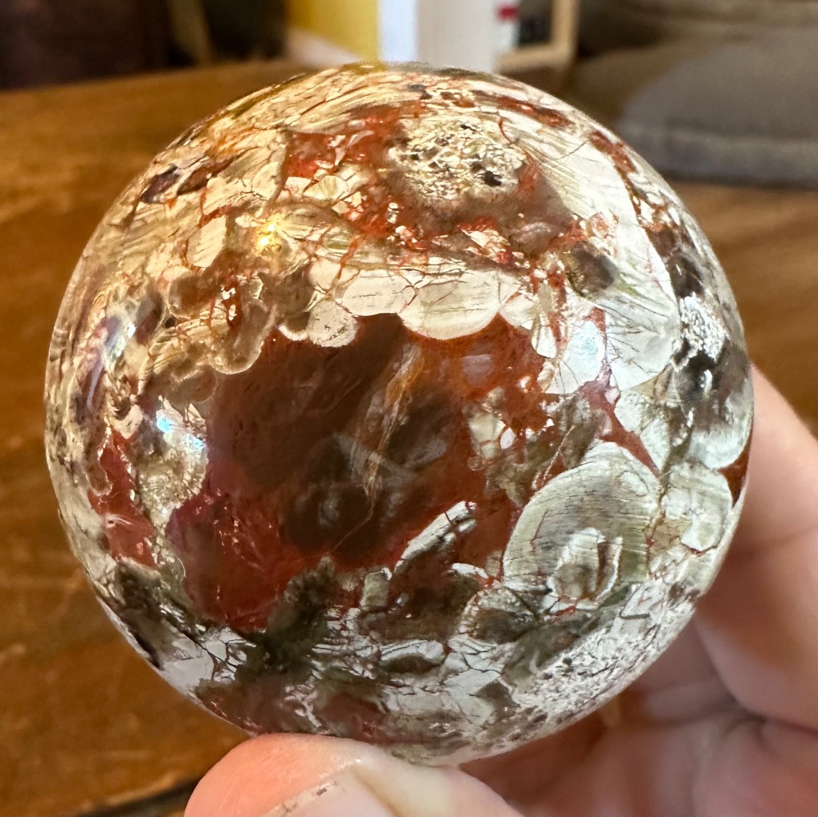 Colorful Money agate crystal sphere with brown resin petal stand free shipping