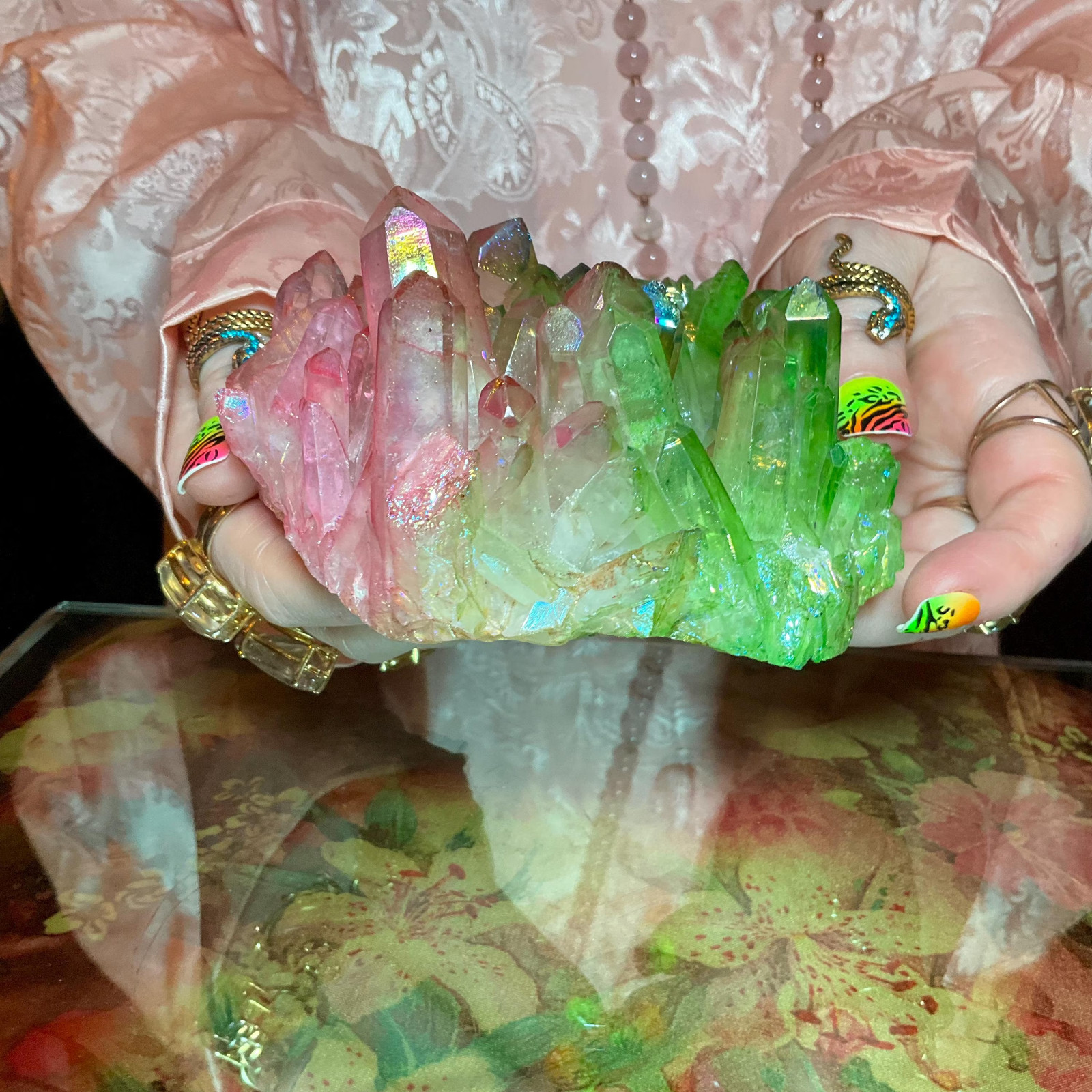 Pink & Green Aura Quartz Crystal Cluster ~ Large 1 Lb. 4 oz. ~ 4″ Long ~ Electr