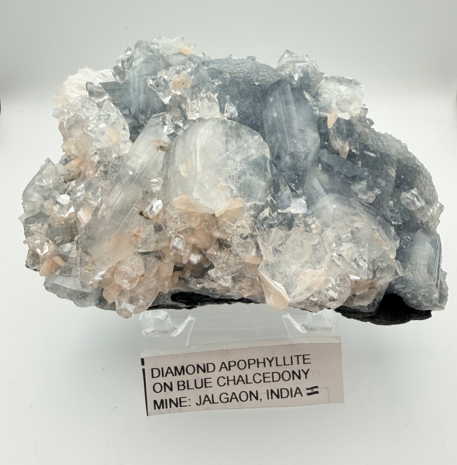 Apophyllite Crystal Cluster on Blue Chalcedony Jalgaon India 6x3x2.5”
