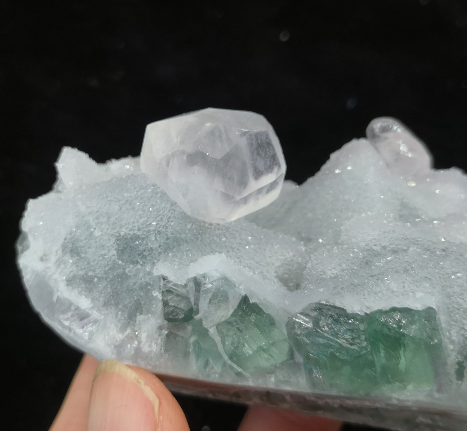 Clear Calcite on sparkling Quartz coated Octahedron Green Fluorite, 88mm 235g