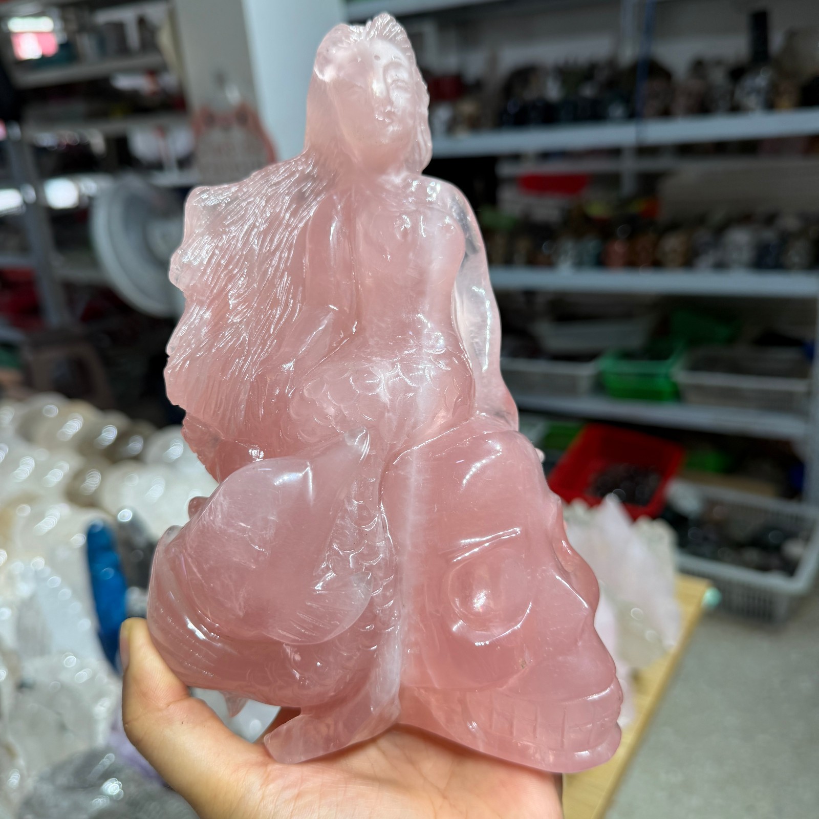 5.58LB Natural rose quartz Carved Crystal mermaid Skull Reiki Healing Decor
