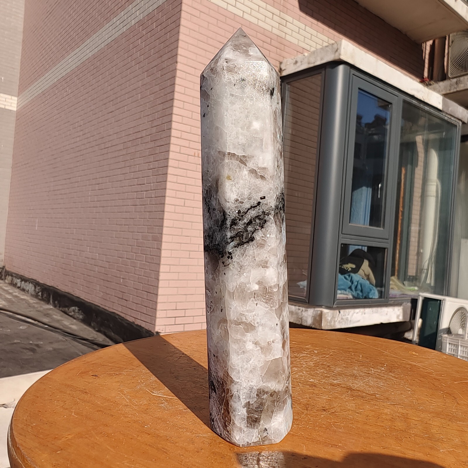 449g Large White Rainbow Moonstone Crystal Obelisk Tower Point Quartz Healing
