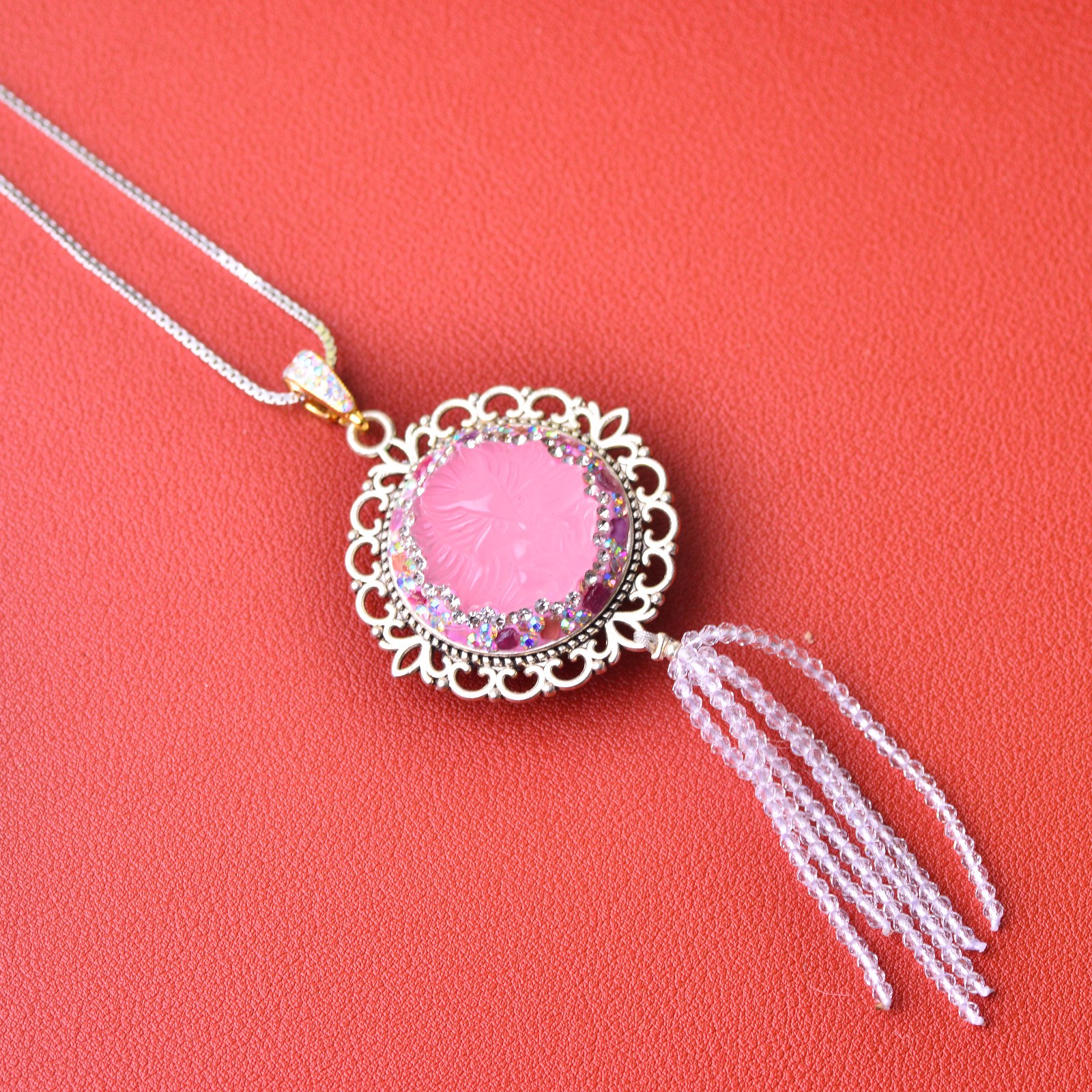 Pink crystal carved fox inlaid alloy necklace gemstone jewelry Energy Crystal