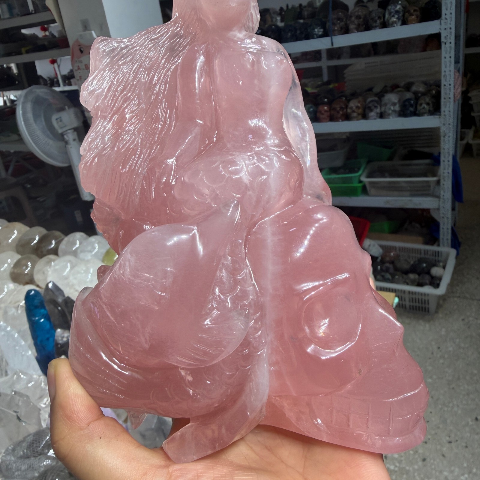 5.58LB Natural rose quartz Carved Crystal mermaid Skull Reiki Healing Decor