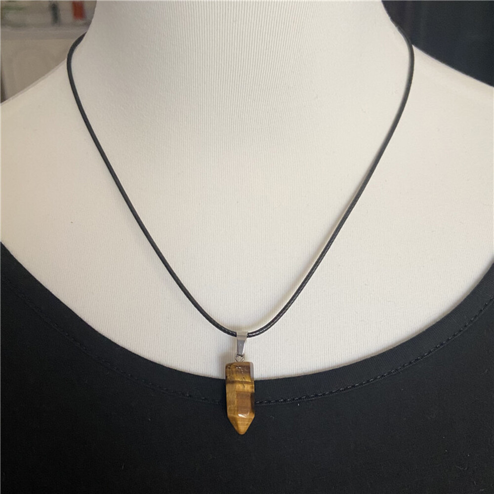 Natural Gemstones Hexagonal Pointed Reiki Chakra Pendant Faux Leather Necklace