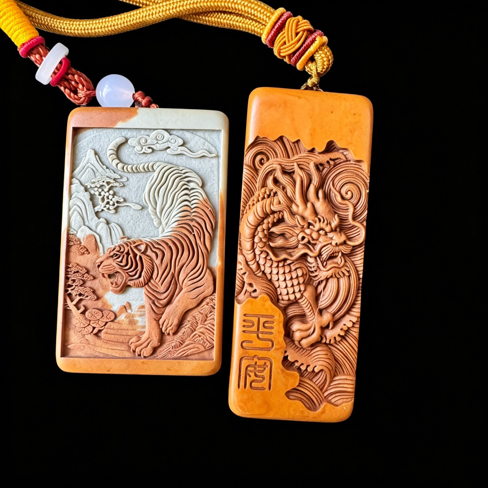 Natural Songhua Stone Double Sided Dragon Tiger Pendant Fine Carved Worry Stone