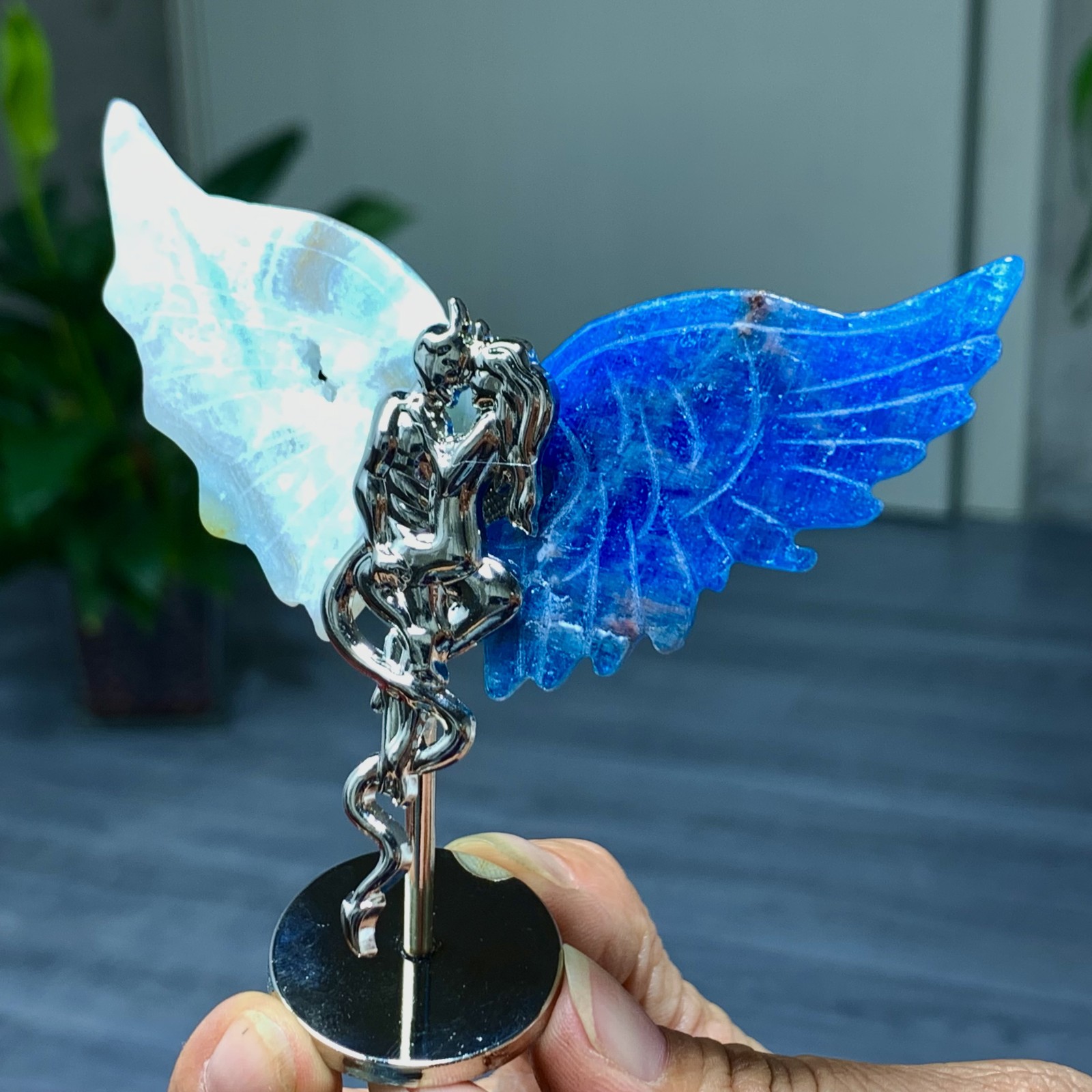 45G Natural hemimorphite and blue apatite hand carved devil angel wing specimen