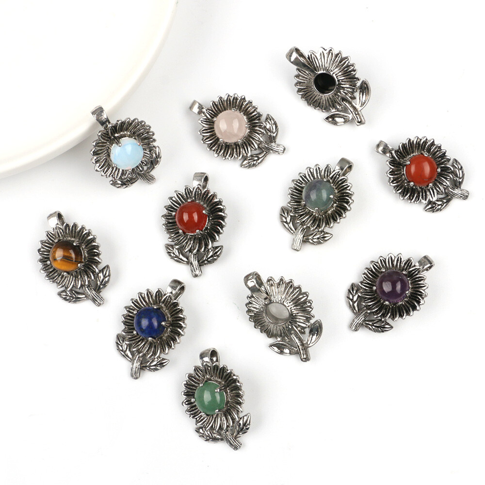 1pc Chakra Crystal Sunflower Pendants Round Beads Quartz Gemstones Healing Reiki