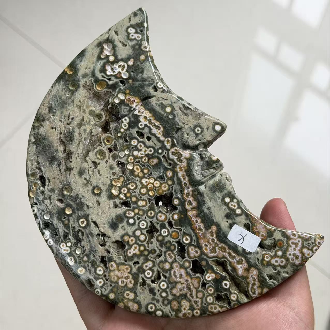 1.5LB Natural 8th Vein Ocean Jasper Crescent Moon Face Crystal Specimen Decor