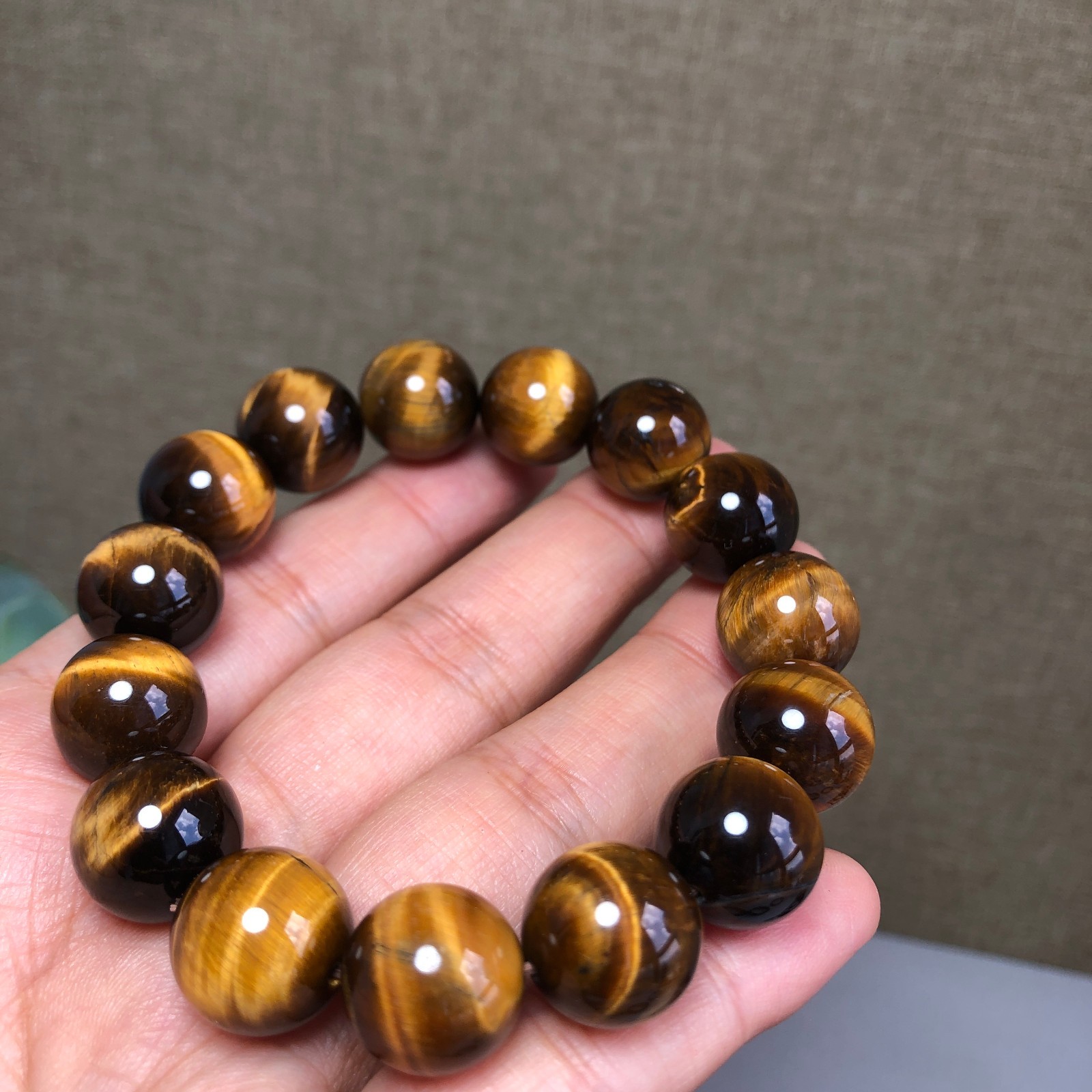 14mm Natural yellow tiger eye Crystal Quartz chain beads bracelet 58.3g g7637