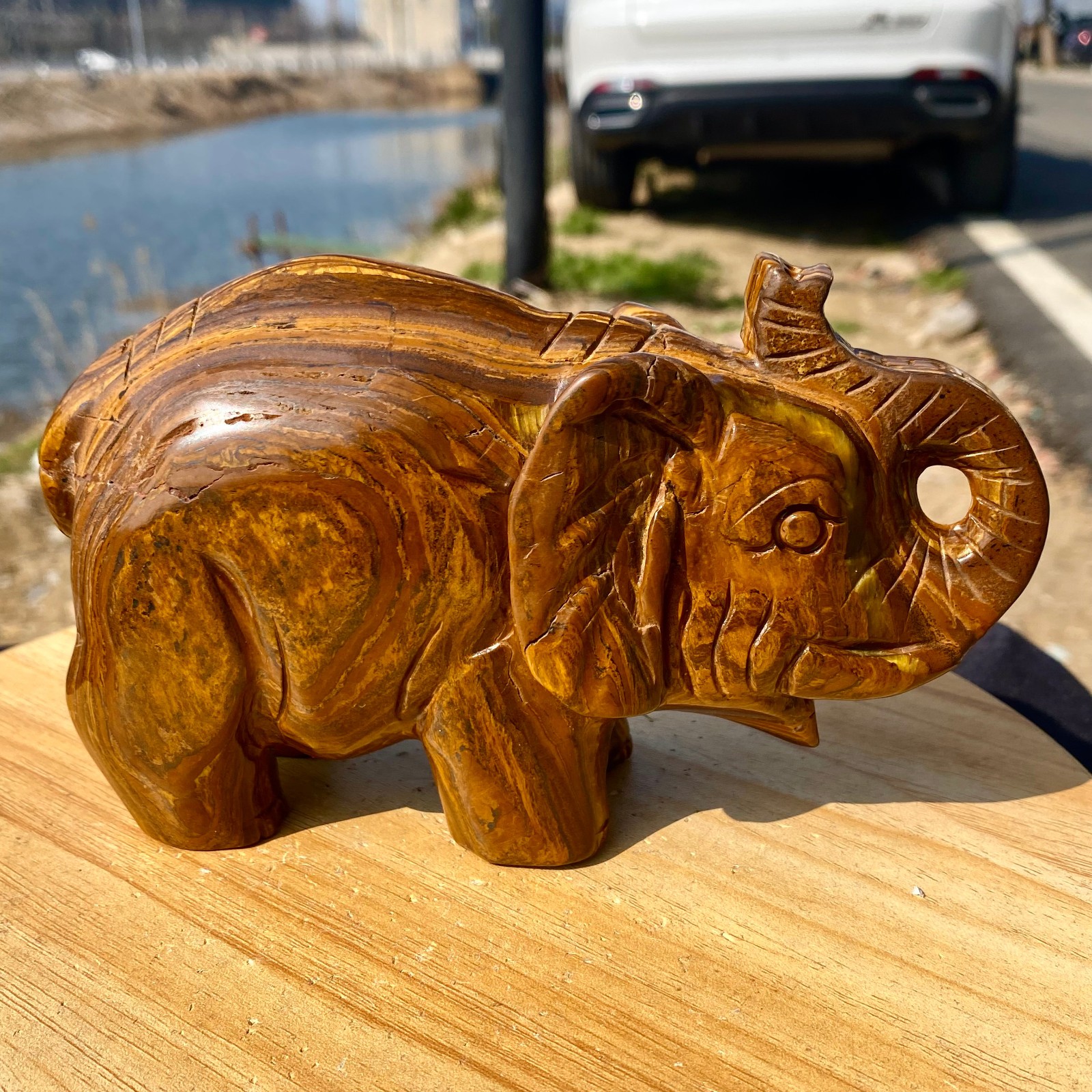 2.97LB Natural Tiger’s Eye Hand Carved Elephant Statue Reiki Healing Crystal