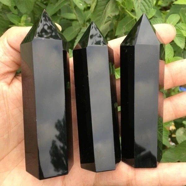Natural Black Obsidian Healing Obelisk Crystal Wands Reiki Tower Point Decor