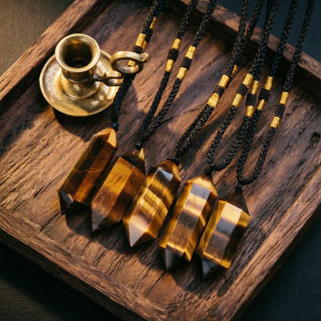 Natural Tiger’s Eye Double Point Crystal Pendant Necklace Healing Stone Unsex