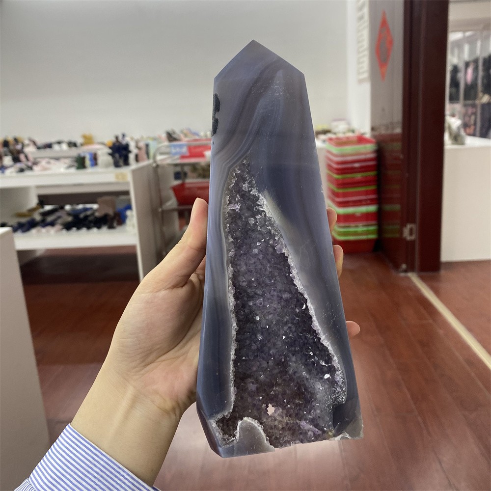 1.7LB 8.7″Natural A++Druzy Amethyst Obelisk Crystal Reiki Tower Quartz Decor
