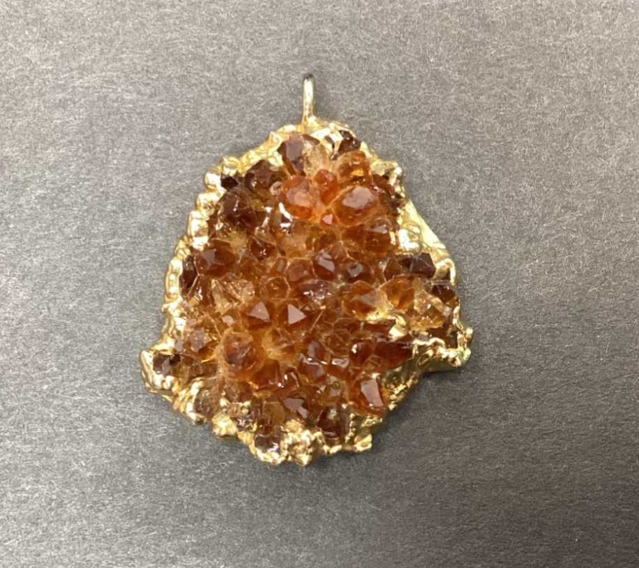 Citrine Druzy Pendant Deep Orange Brown Crystal Cluster Set In Gold Plated Bezel