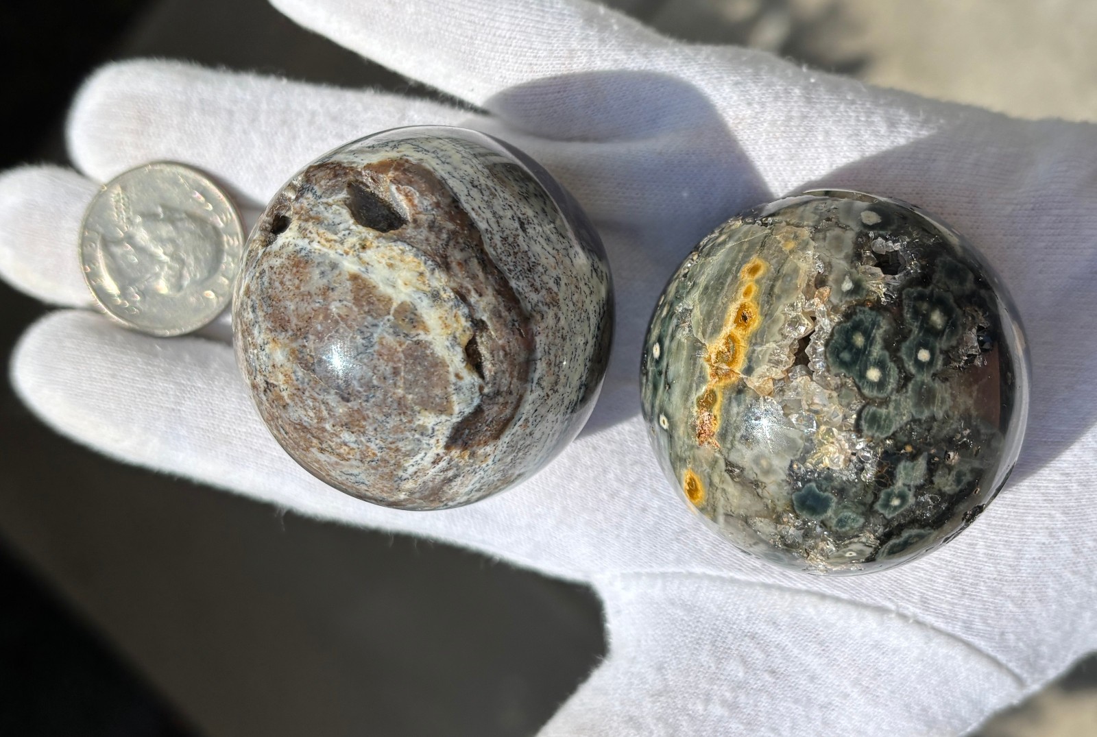 246g LOT 2 OJ OCEAN JASPER SPHERES SPARKLY DRUZY VUGS Kabamby SPHERE ORB ORBS