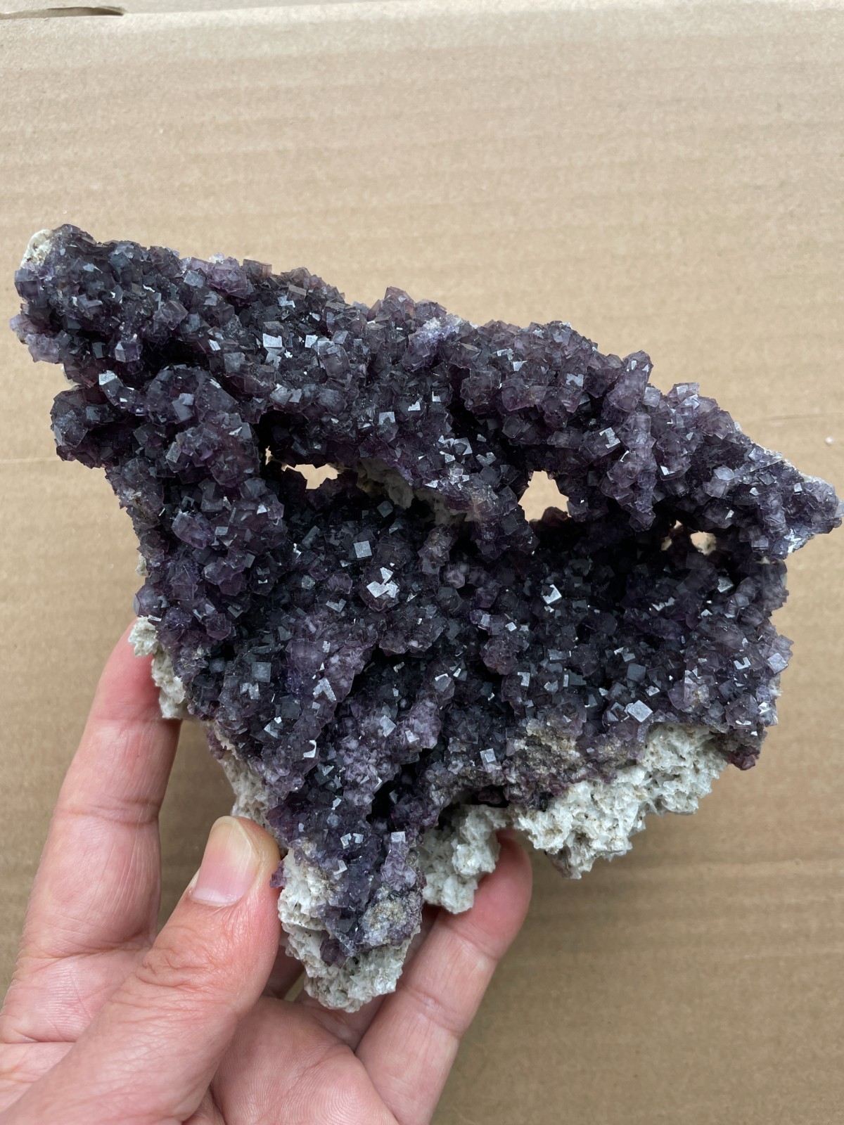 570g Natural cube fluorite on gypsum color-changing magical Landscape stone